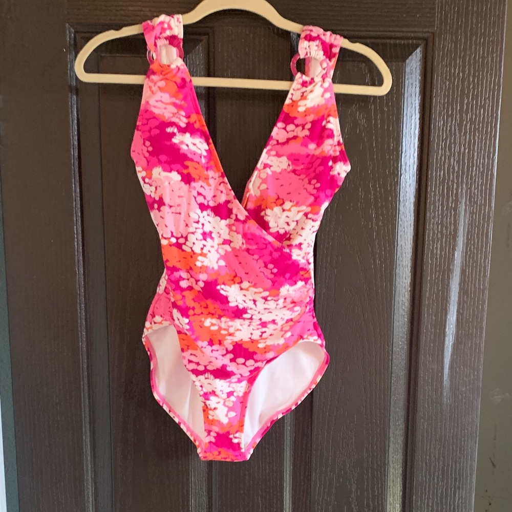 Carmen Marc Valvo Pink and Orange Floral One Piece Swimsuit